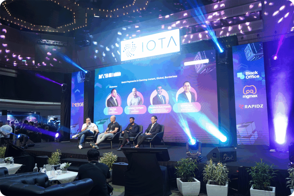The full panel and moderator on stage at the Malaysia Blockchain Week 2025 session on gaming payments.